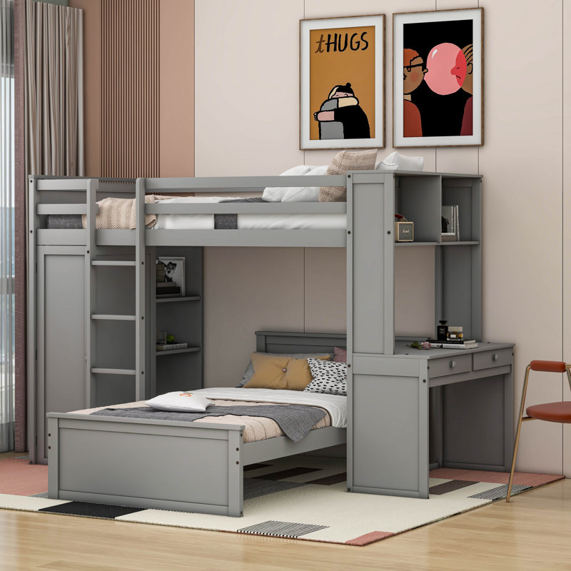 Rachele Loft Bed with a Stand-alone bed, Shelves,Desk,and Wardrobe, Gray