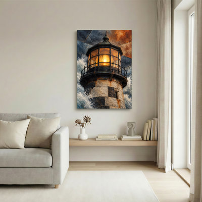 Lighthouse Lantern Room With Warm Light And Ocean Waves Canvas Wall Art
