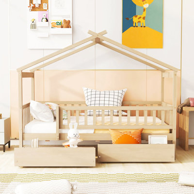 Lit simple en bois massif - construction en bois massif, deux tiroirs pour la chambre à coucher, aspect naturel, têtes de lit incluses avec rangement en pin, couleur, spacieux,