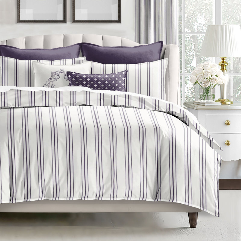 August Stripe Reversible Cotton Duvet Cover Set, Super Queen Duvet Cover + 2 Queen Shams, Eggplant