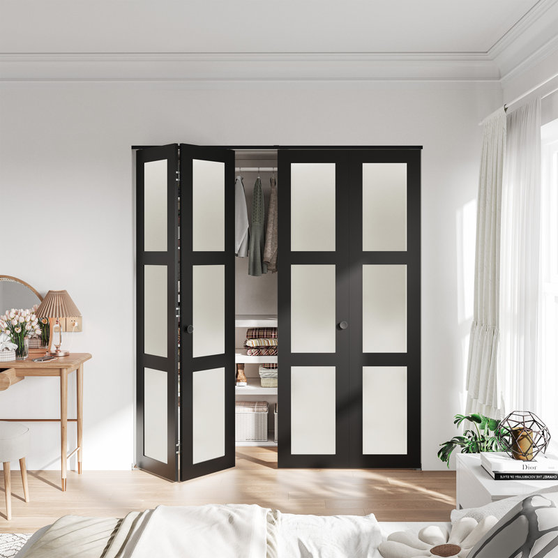 Ensemble de portes pliantes en verre manufacturé 3 pièces en verre givré et noir avec quincaillerie, 48 po x 80 po