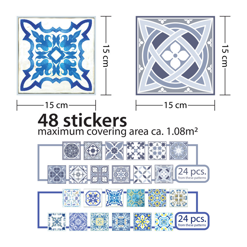 King George Vintage Azulejo Mix PVC Peel & Stick Tile Sticker - 15cm x 15cm, 1 Pack