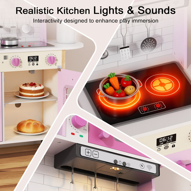 Kids Wooden Kitchen Playset, Height-Adjustable Pretend Play Stove W/ Lights & Sounds, Bpa-Free Montessori Kitchen W/ 30+ Play Food Accessories, Ages 3–7