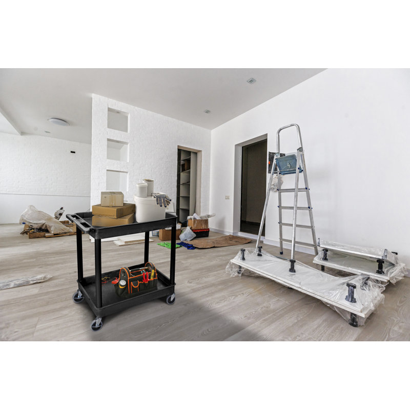 Black High-Density Polyethylene 2-Shelf Utility Cart with Push Handle