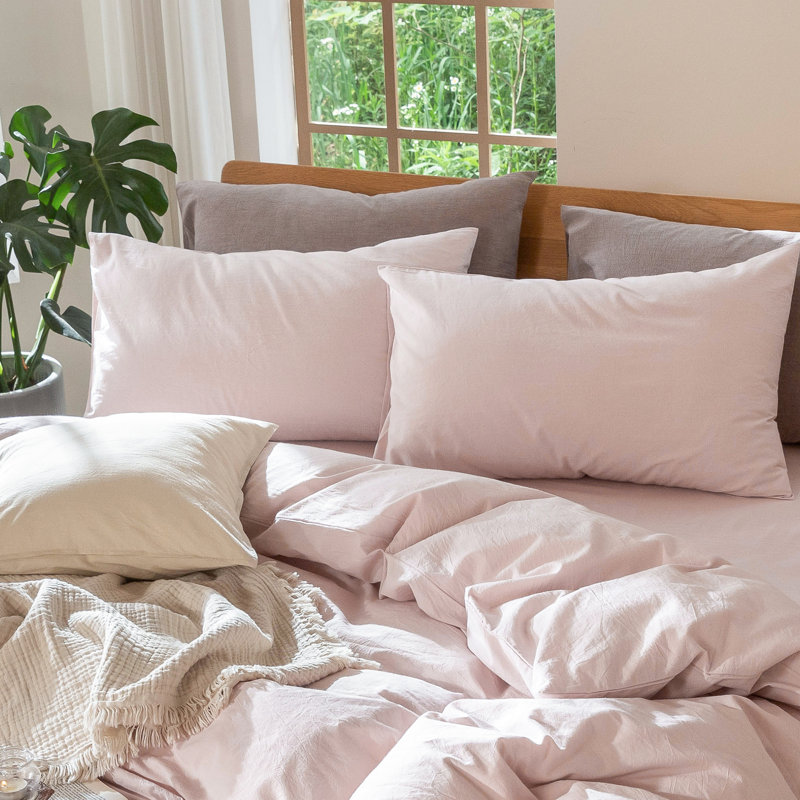 MooMee Pillowcases Envelope Closure 100% Washed Cotton Linen Like Textured Breathable Soft, Grayish Pink, Queen (20" x 30")