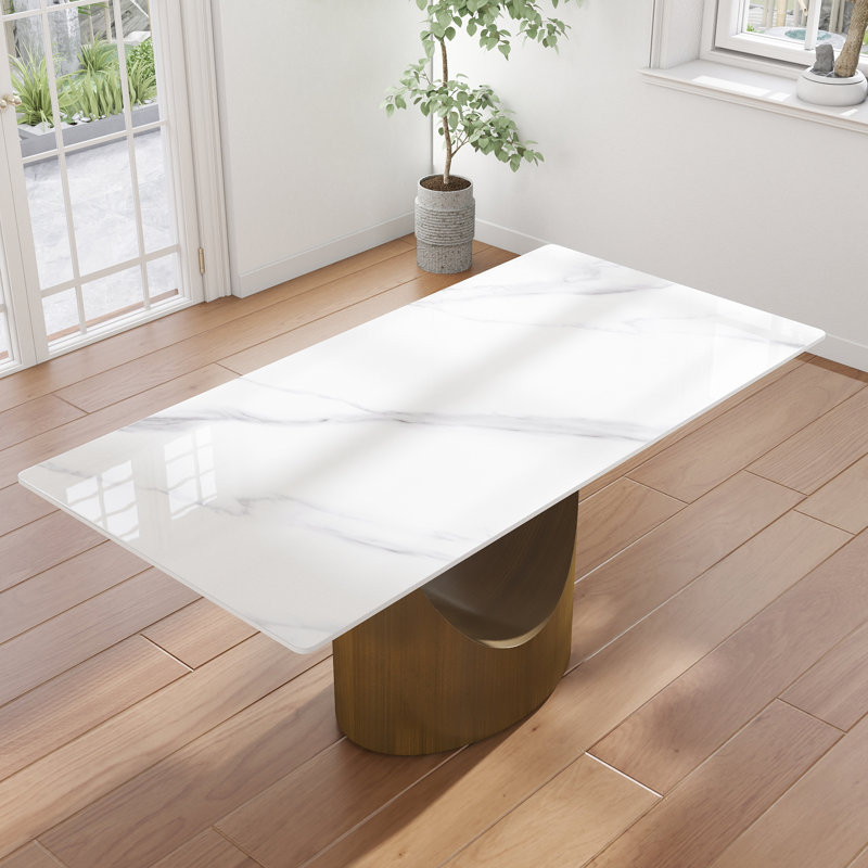 Modern Rectangular Sintered Stone Dining Table With Pedestal Base, Snow White, Gold