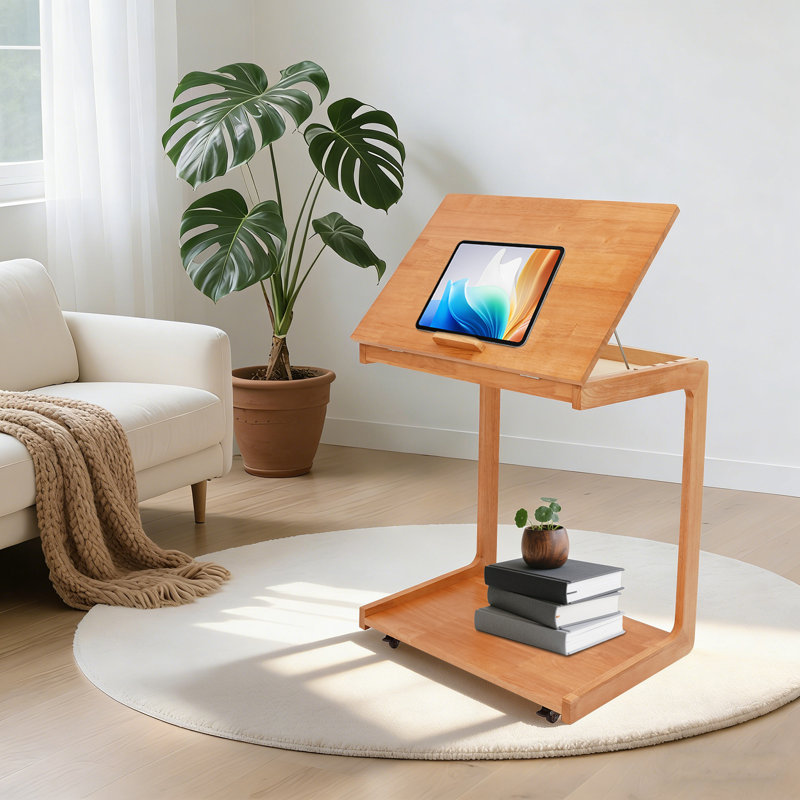 Table de bout en bois en forme de C avec table de bout réglable