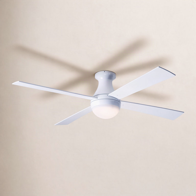 52" Ball Flush Mount Ceiling Fan With LED Light, Gloss White, Wall Control with Remote Handset (2-wire), Aluminum