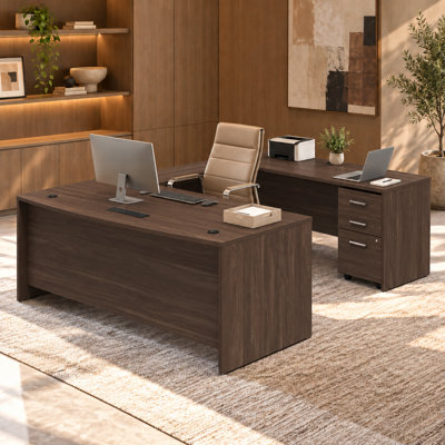71" Bow Front L-Shaped Executive Desk with Mobile Lockable 3-Drawer File Pedestal, L Shape Office Workstation for Home & Commercial Office