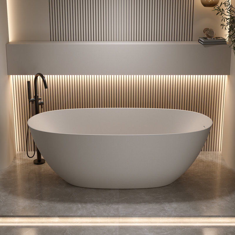 61 in. x 30.7 in. Freestanding Solid Surface Soaking Bathtub with Overflow and Pop-Up Drain, Beige
