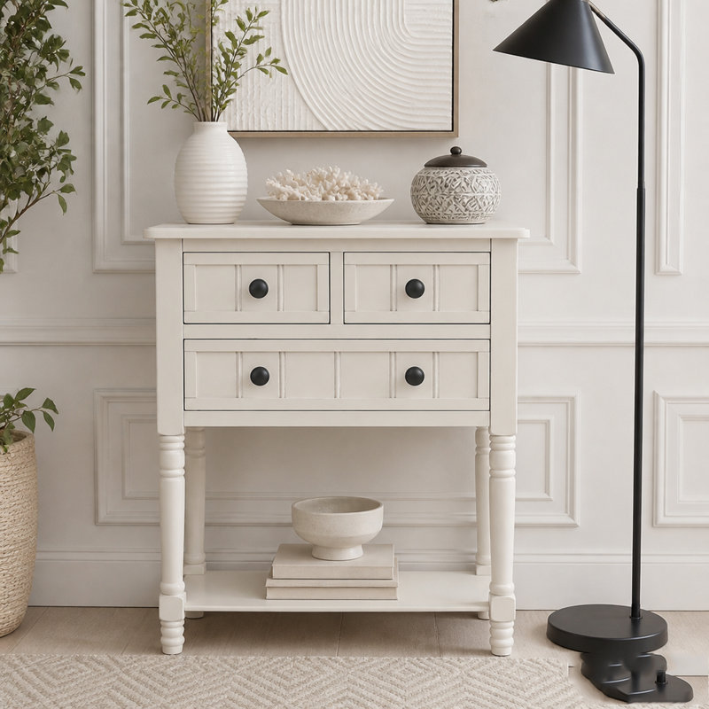 Console étroite avec trois tiroirs de rangement et une tablette inférieure, Ivoire blanc