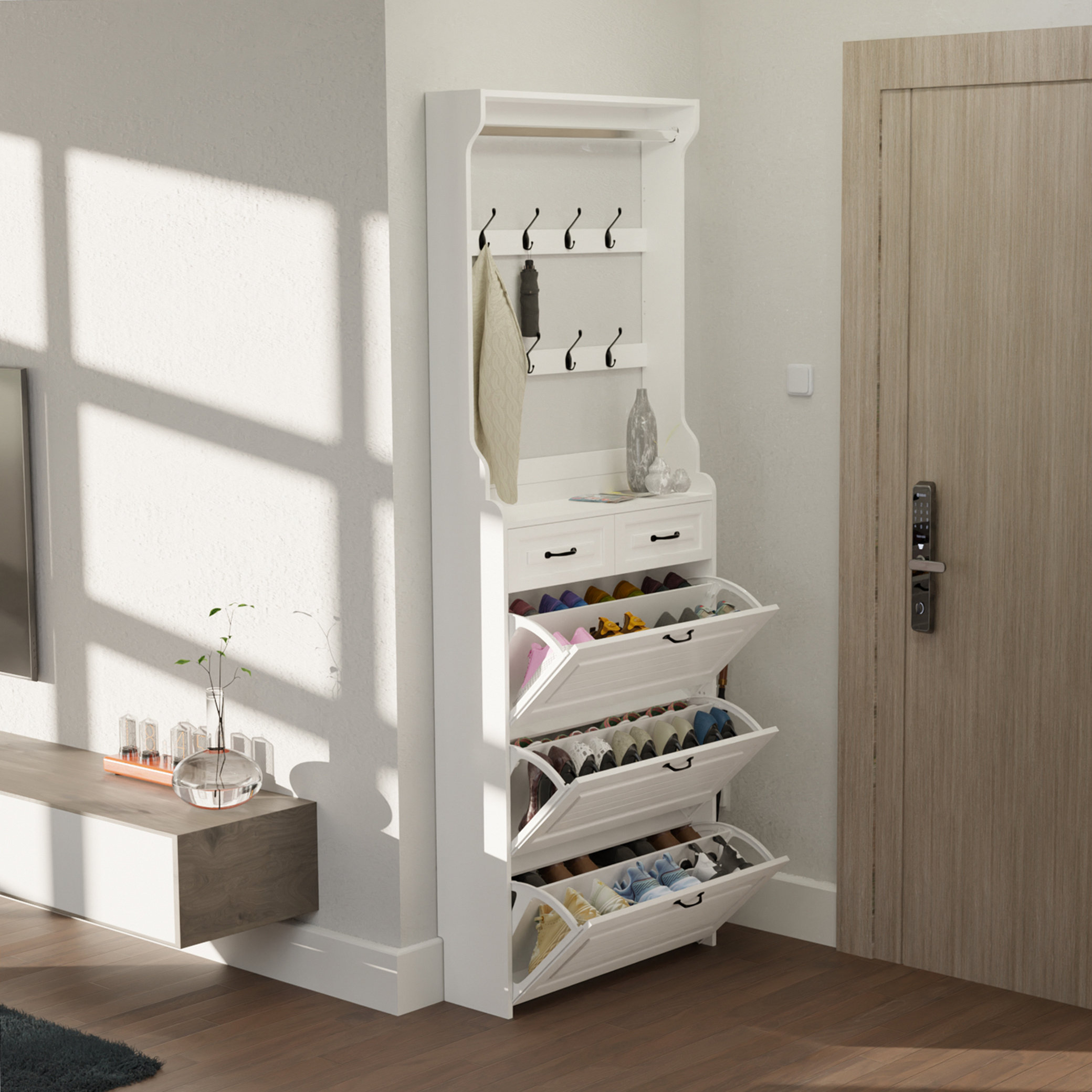 Red Barrel Studio® NEW White colour shoe cabinet with 3 doors 2 drawers ...