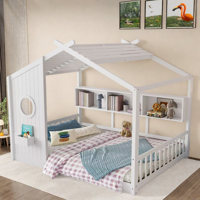 Lit sur pied avec tablettes de rangement, Lit double, Blanc