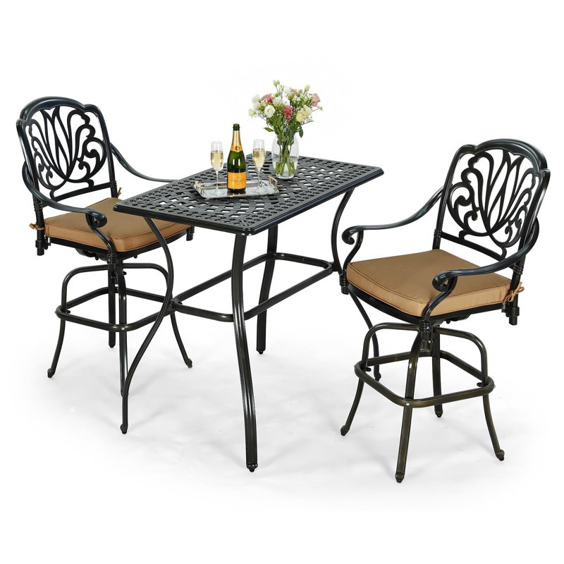  Ensemble de 3 tabourets de bar pivotants d'extérieur, ensemble de bistro en aluminium coulé à hauteur de patio avec 2 chaises coussinées et table de bar rectangulaire de 41,98 po x 23,98 po pour terrasse, jardin et bord de piscine