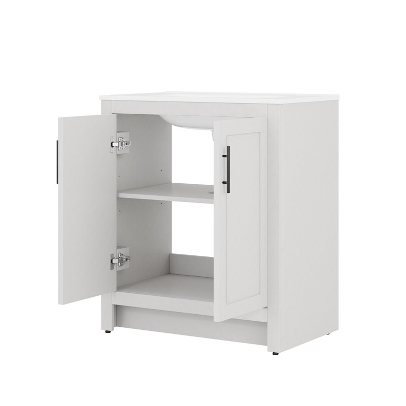 Ensemble de meuble-lavabo simple 30 po avec lavabo en céramique, blanc, bois massif, 30", Blanc
