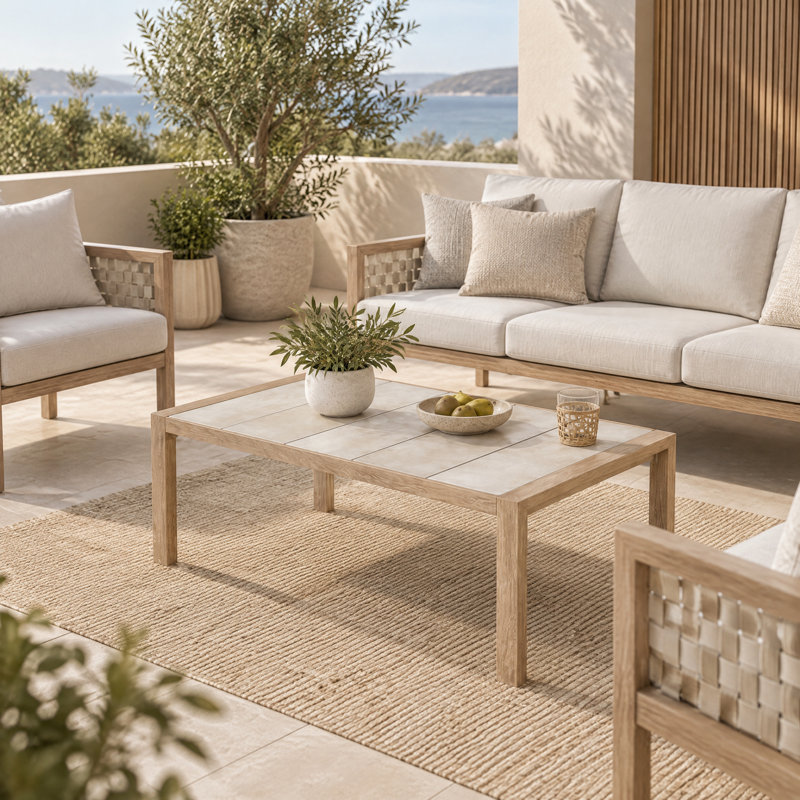Table basse d'extérieur en aluminium avec finition grain de bois et plateau en céramique