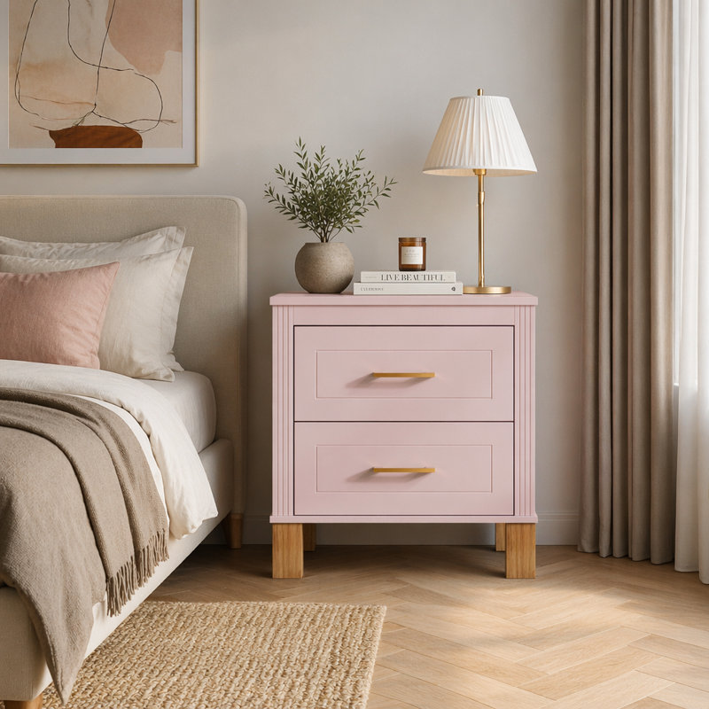 Table de chevet élégante à 2 tiroirs avec rangement en bois de qualité supérieure avec pieds en bois massif et poignée en métal pour le salon de la chambre à coucher