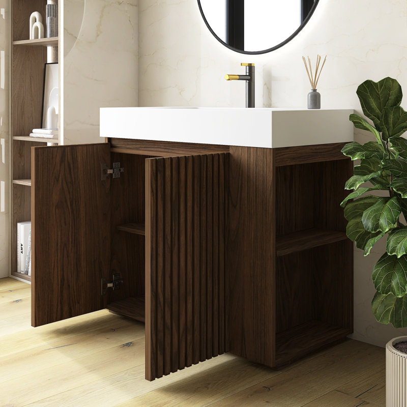 Meuble-lavabo autoportant 36 po en noyer avec grand rangement et lavabo une pièce à quartz blanc pour salle de bain moderne