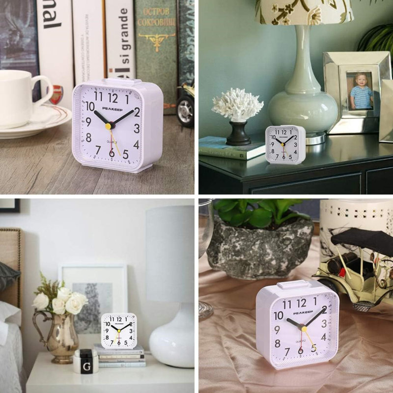 Small Battery Operated Analogue Travel Alarm Clock Silent No Ticking Lighted On Demand And Snooze Beep Sounds Gentle Wake Ascending Alarm, Easy Set (White)