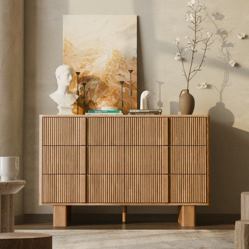 Fluted 6 Drawer Dresser, 47” Wide Modern Chest with Faux Marble Top, Wood Storage Cabinet for Bedroom, Living Room, Hallway, Closet