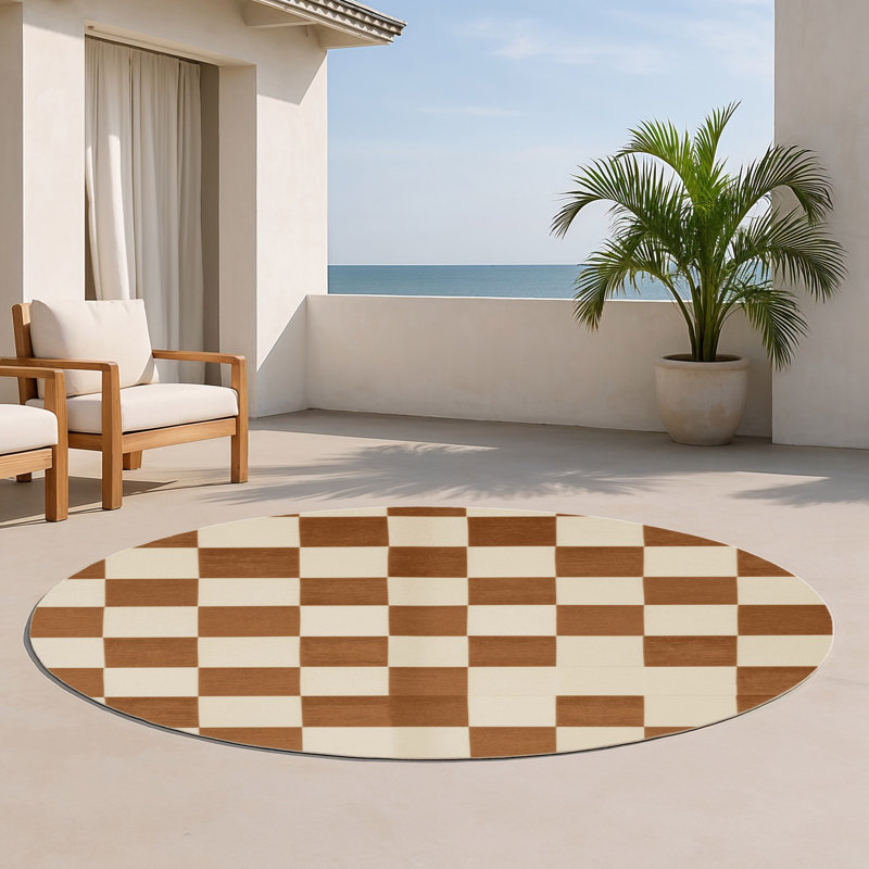 Tapis d'intérieur et d'extérieur à carreaux beige, Rond 5 pi