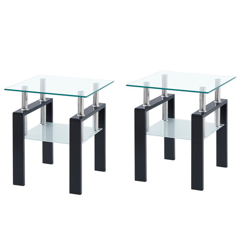 Petite table 2 pièces en verre trempé transparent, table de bout pour le salon, table de canapé