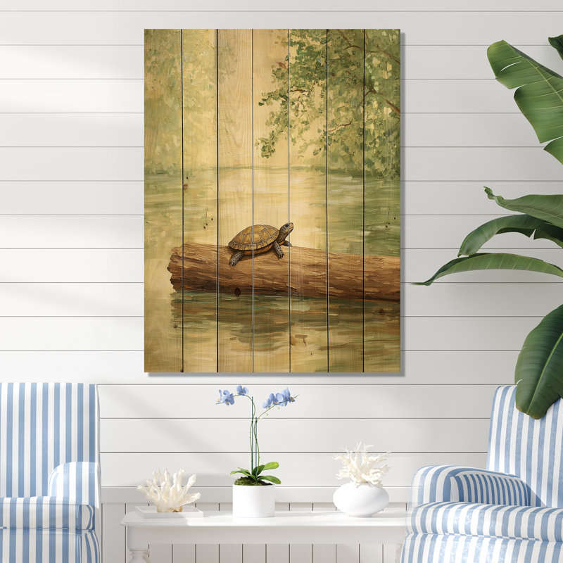 Tortue sur une bûche II - Art mural moderne en bois sur bois de pin naturel, H 20 po x l 10 po