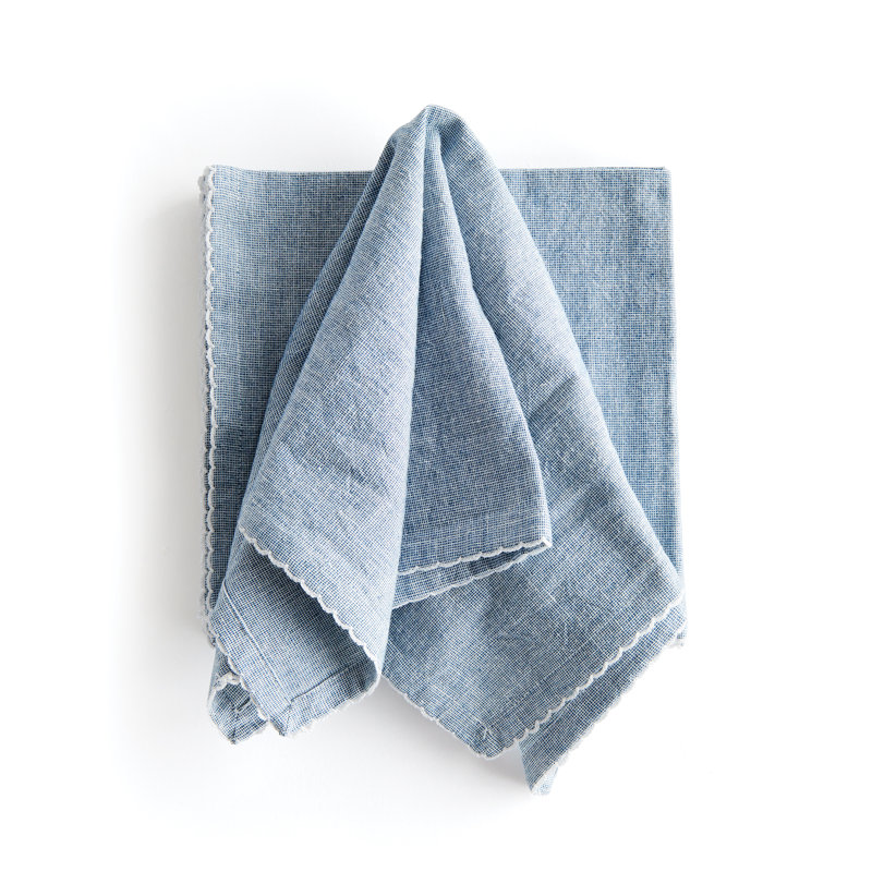Atoka Nuit Bleue Cotton Dinner Napkins in Blue, Scalloped, Scalloped Rim
