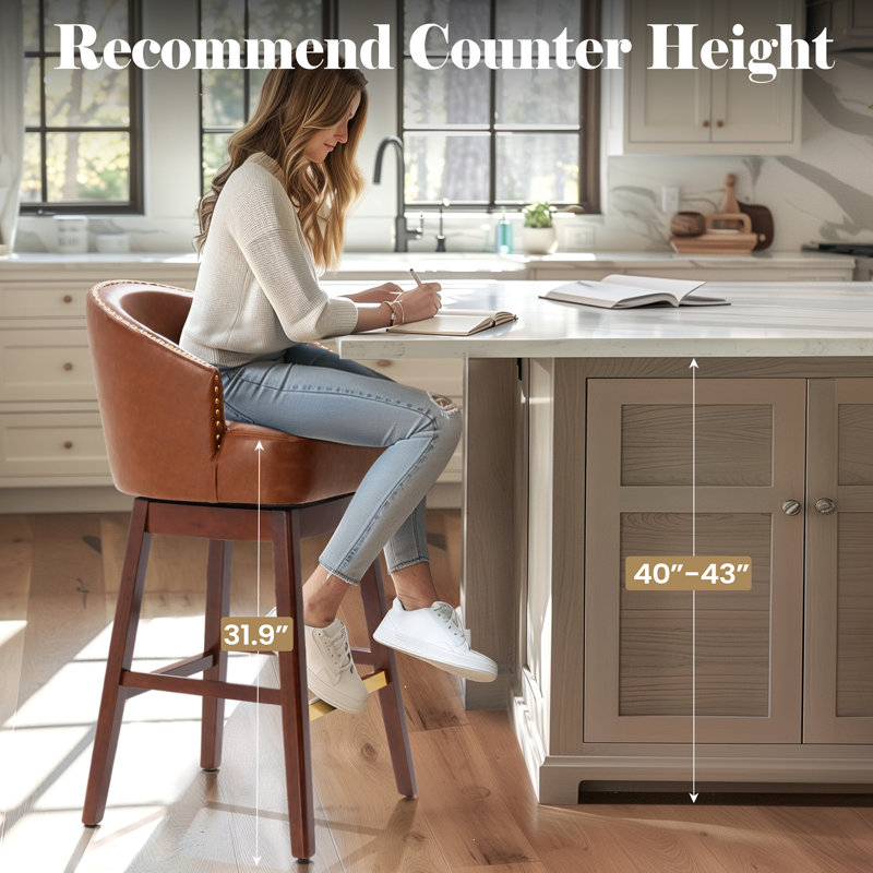 Swivel 31.9'' Faux Leather Bar Stool with Solid Wood Legs, Brown, Reddish Brown, Bar Stool (31.9" Seat Height)