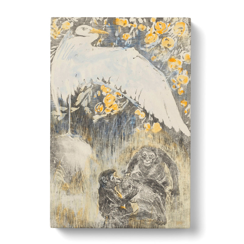 Heron With Three Monkeys by Theo Van Hoytema - Wrapped Canvas Painting, 76cm H x 50cm W x 3cm D