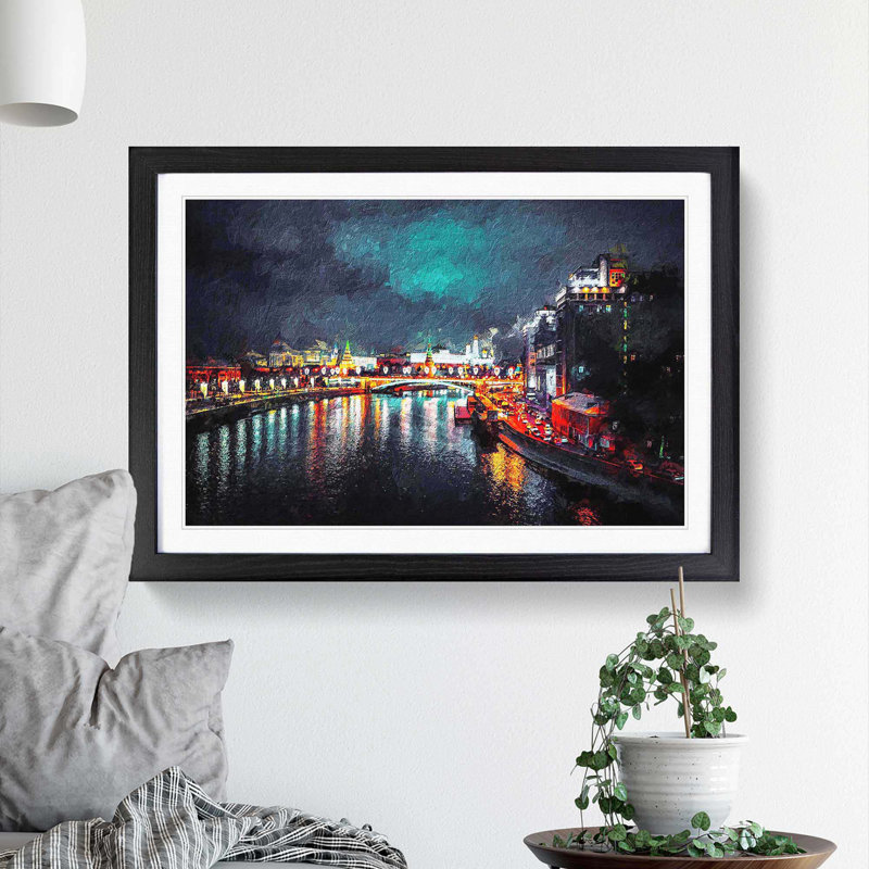 Moscow at Night - Picture Frame Painting Print, 36cm H x 48cm W x 2cm D, Black Framed