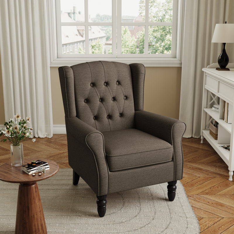 Duward Upholstered Taupe Button Tufted Wingback Accent Chair with Rolled Arm and Thick Padded Cushion, Taupe Polyester Blend