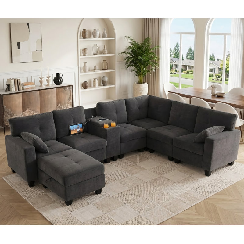 Canapé modulaire rembourré 8 pièces avec ports USB et repose-pieds avec rangement Chesham, Mélange de polyester gris foncé