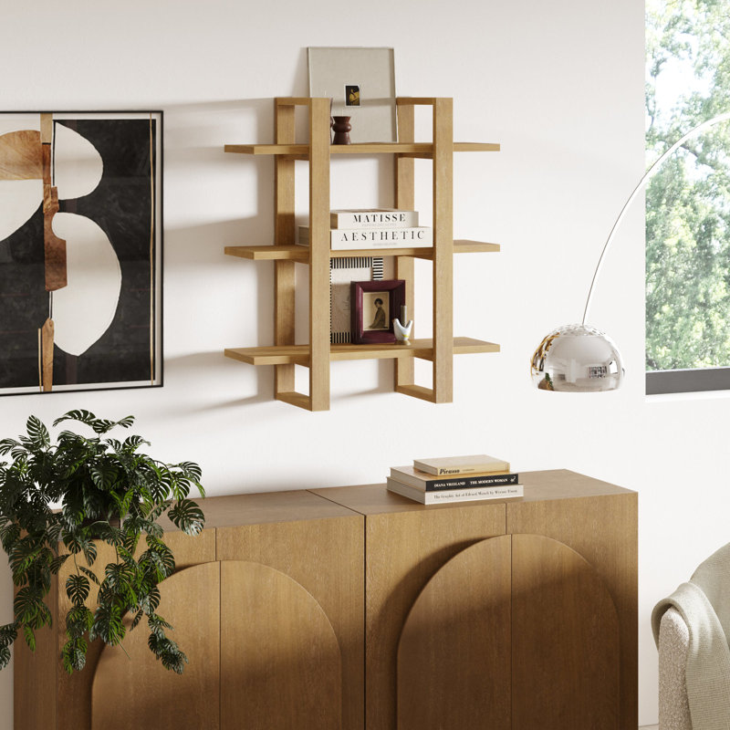 Solid Wood Floating Shelf with Adjustable Shelves, Light Brown