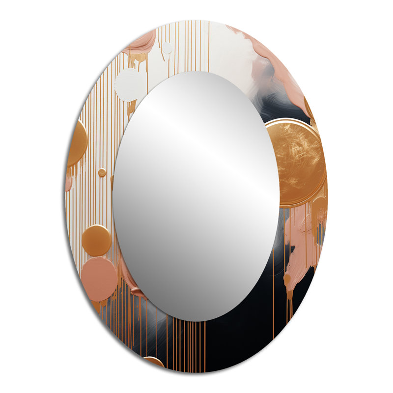 Gold And White Abstract Shapes Harmony IV - Modern Oval Wall Mirror, 40" x 30"