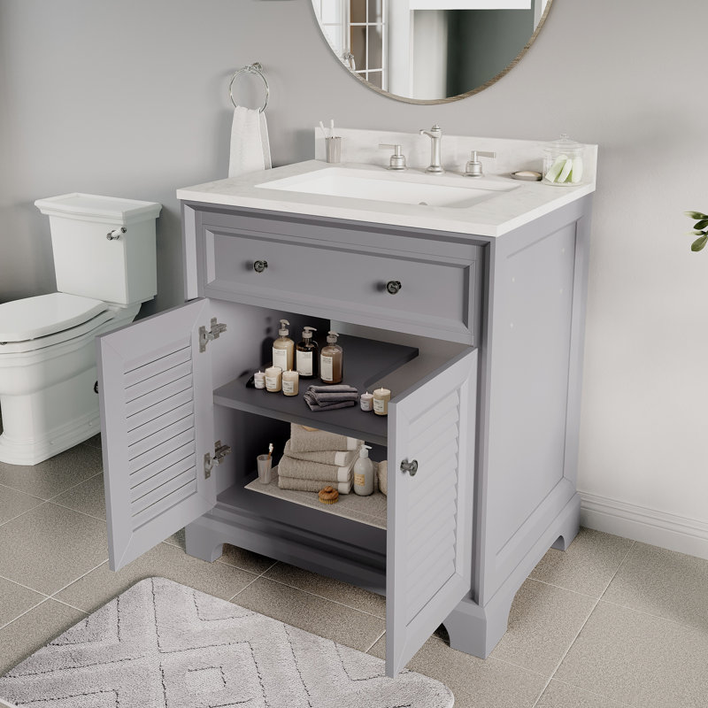 Gray 28'' Louvered Cabinet Door Single Sink Bathroom Vanity, Gray