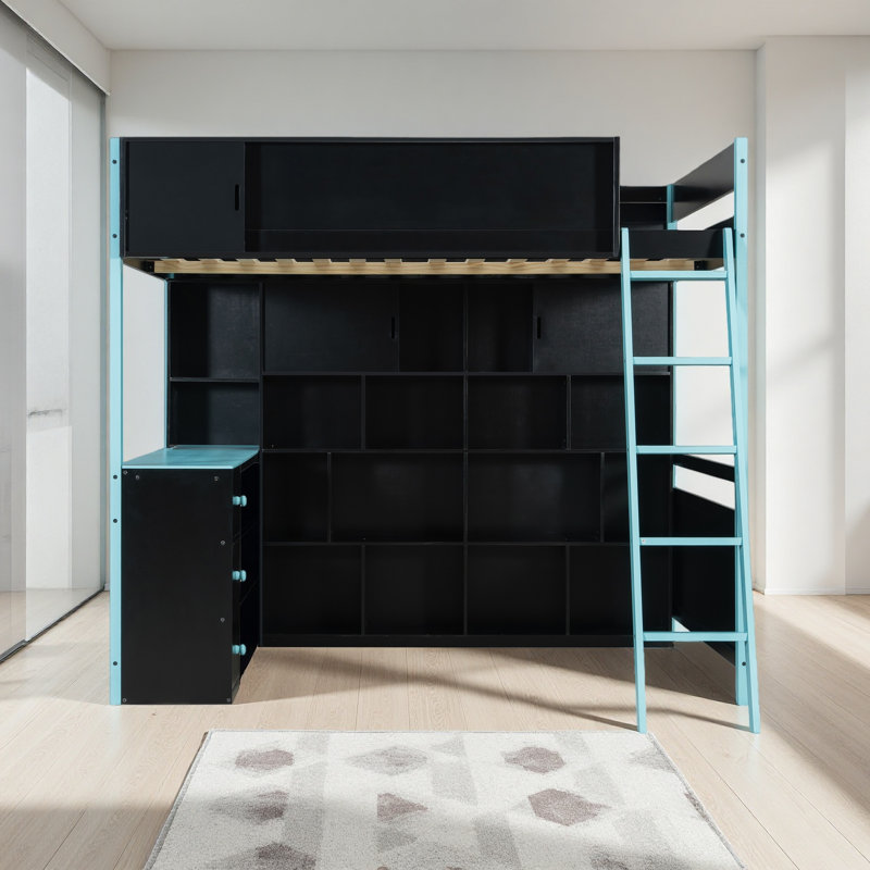 Lit mezzanine double en bois avec bureau, grand espace de rangement et lumière, Bleu