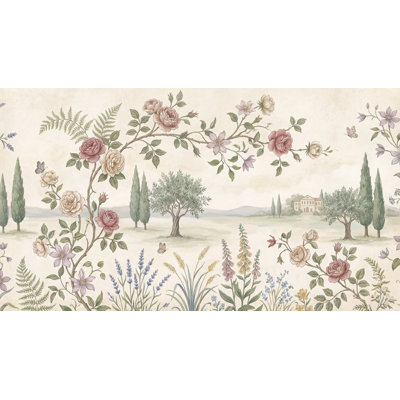 Pastoral Landscape Wallpaper Floral Border Butterflies Wall Mural