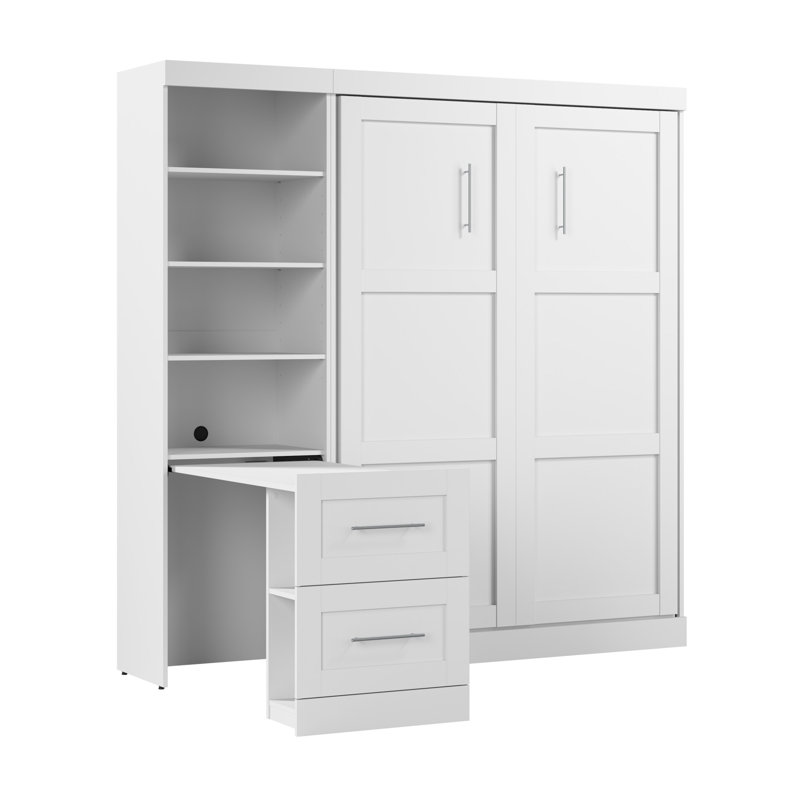 Lit escamotable double 84 W avec bureau coulissant, Blanc