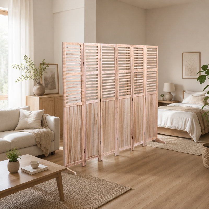 Cloison pliante en bois massif l 82,8 "x H 65" à 6 panneaux, finition de ton naturel pour un décor polyvalent et élégant