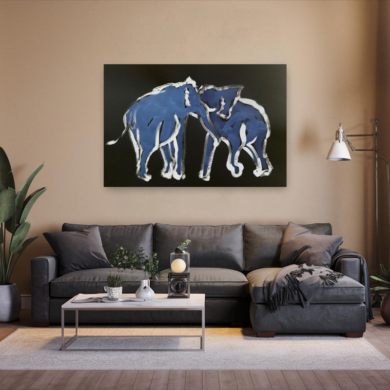 Blue Elephants Embrace Abstract Contemporary Modern Elephant Wildlife Wall Art Print 1 Piece Wrapped Canvas Wall Art