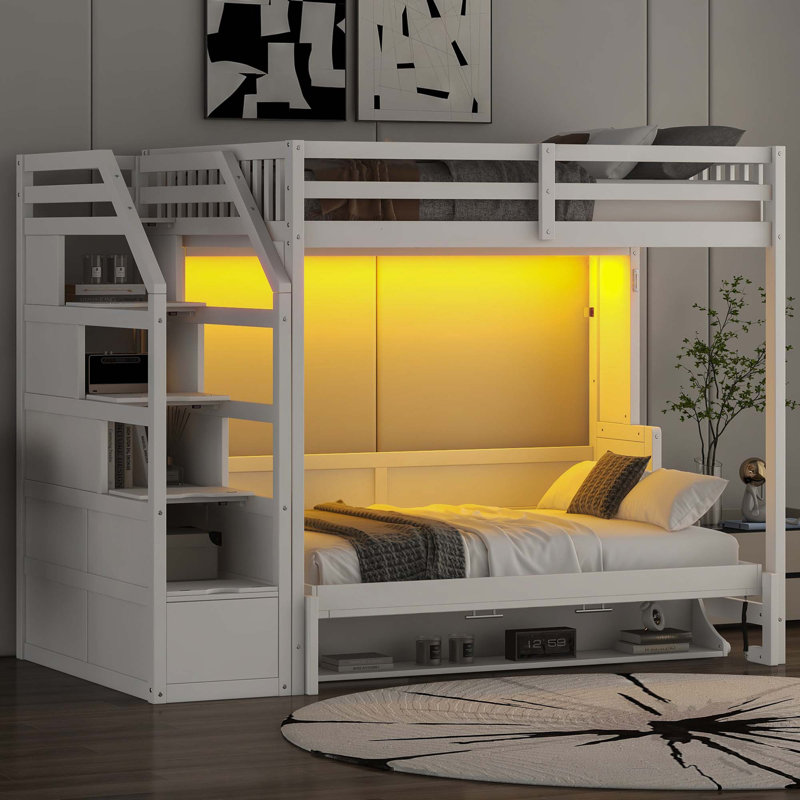 Lit double mezzanine double avec escalier de rangement et lit escamotable double avec lumière DEL