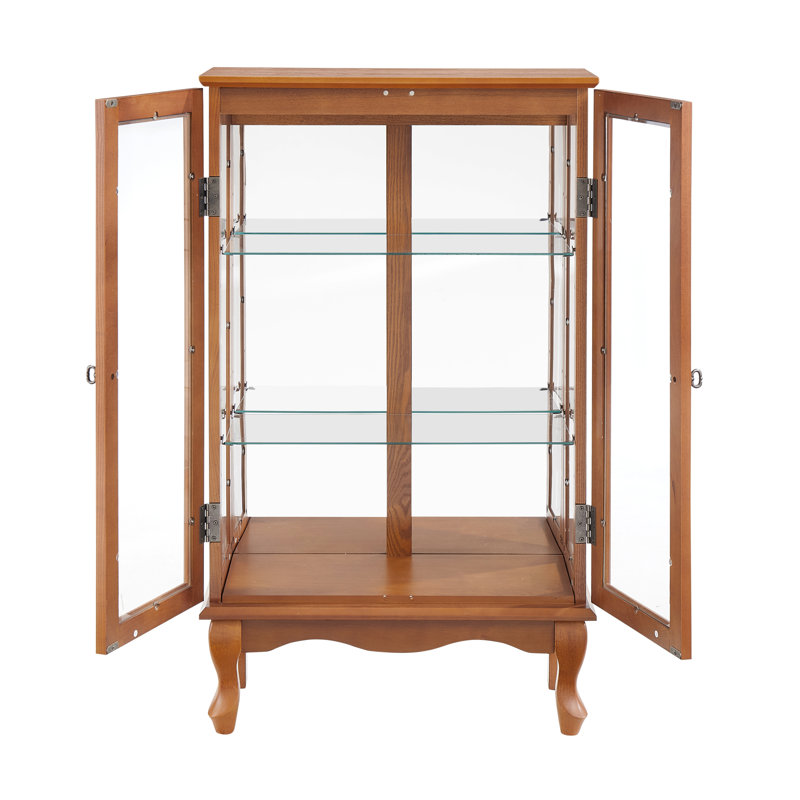 Élégante armoire à 2 portes avec portes en verre trempé, panneau arrière en miroir et tablettes réglables - Vitrine lumineuse pour la maison et le bureau (ampoule incluse) - Finition chêne