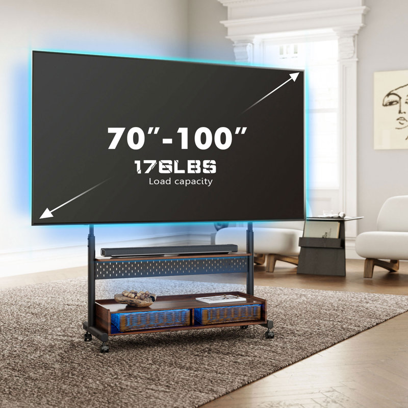 Art FITUEYES Mobile TV Stand Mount for 70-100 Inch TVs, with Two Wooden Large Storage, with LED Light