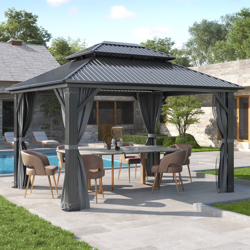 Pavillon de jardin extérieur en aluminium 12 pi x 16 pi, pavillon en acier galvanisé à toit rigide avec rideau d'intimité et moustiquaire