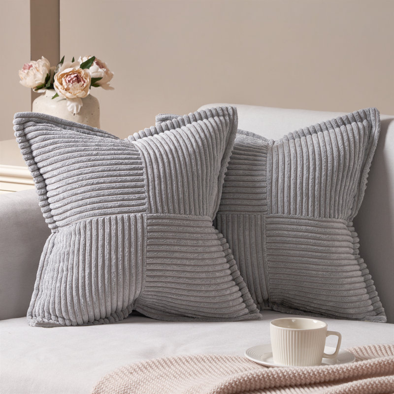 Housse de coussin carré en velours côtelé, Gris, H 20 po x l 20 po