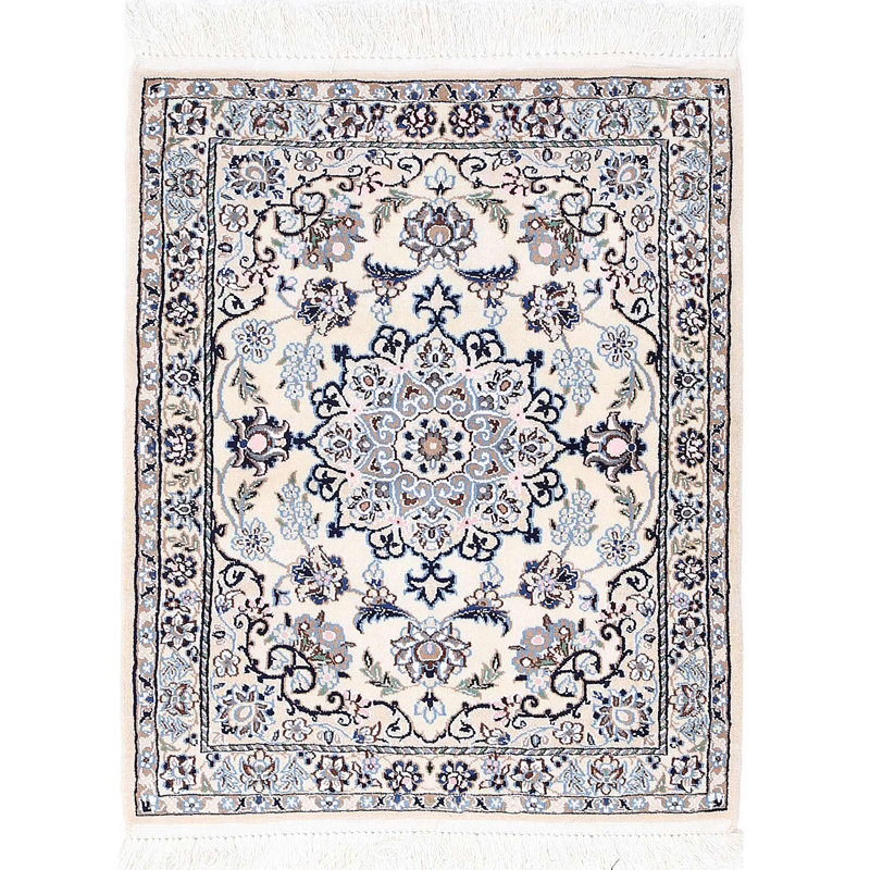 Ivory Fine Hand Knotted Persian Silk & wool Nain 2'3"X 3'
