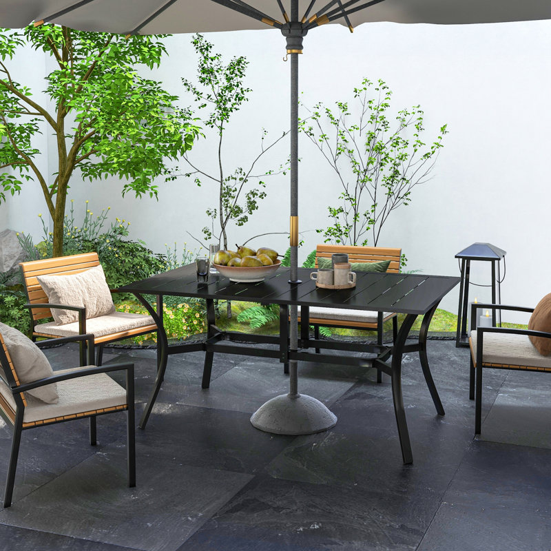 6 Patio Table, Steel Rectangular With Umbrella Hole, Black Outdoor Dining Table For Garden, Balcony Black, Fits Garden & Balcony, 59"x35.5