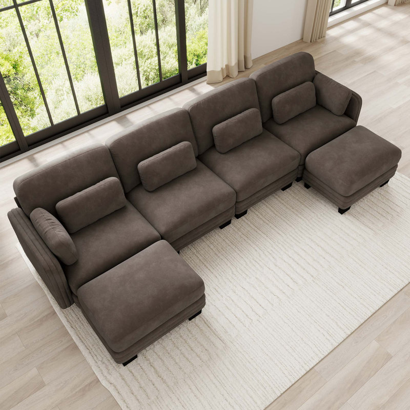 Canapé d'angle modulaire capitonné avec poufs amovibles, Brown Chenille, 35" H x 130" W x 56.3" D