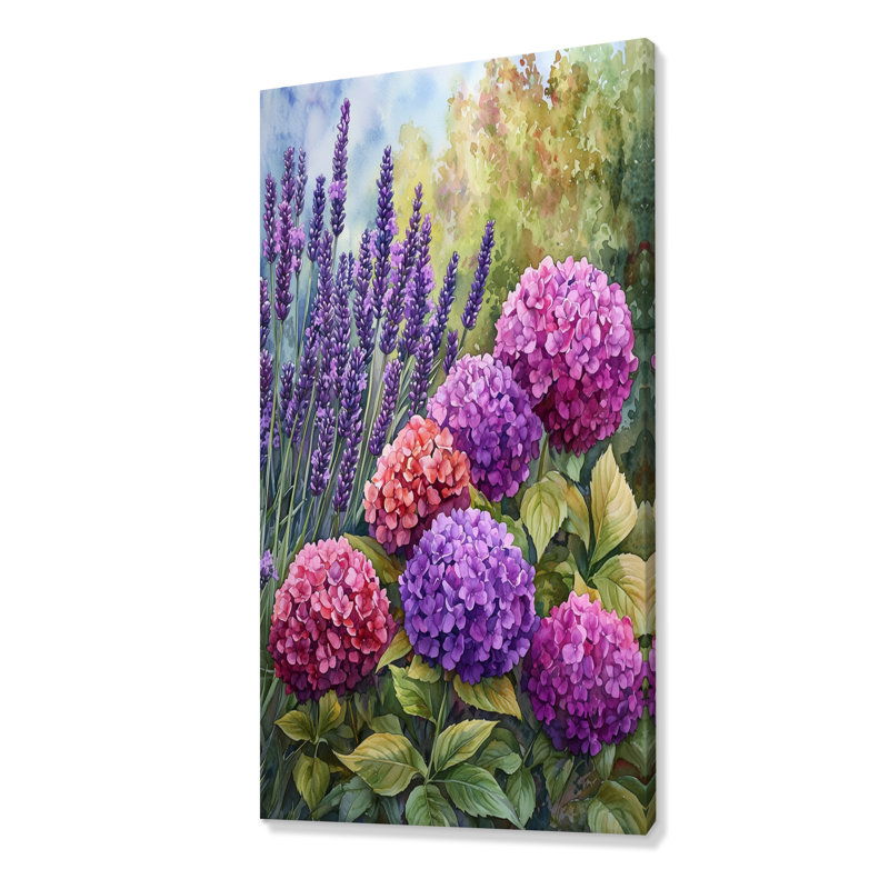 Hortensias et jardin de lavande I - hydrangées, art mural, H 60 po x l 28 po, Toile tendue, Ne s’applique pas